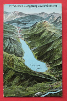 AK Der Achensee und Umgebung / 1915 / Vogelschau / Künstler Karte Atelier Eugen Felle / Achenkirch / Jenbach / Tratzberg / Schulastika / Tirol